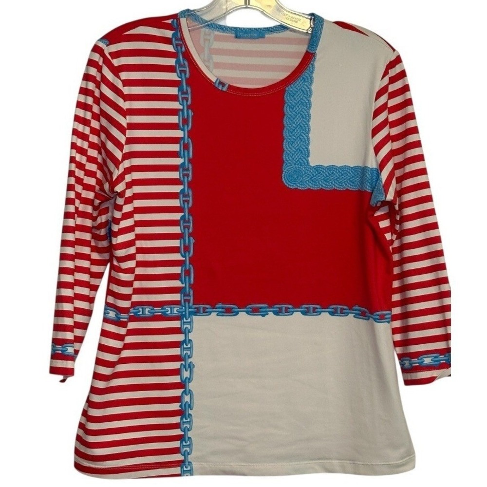 J McLaughlin Catalina Top Women Red White Blue Stripe Chain Fall Yacht Club L